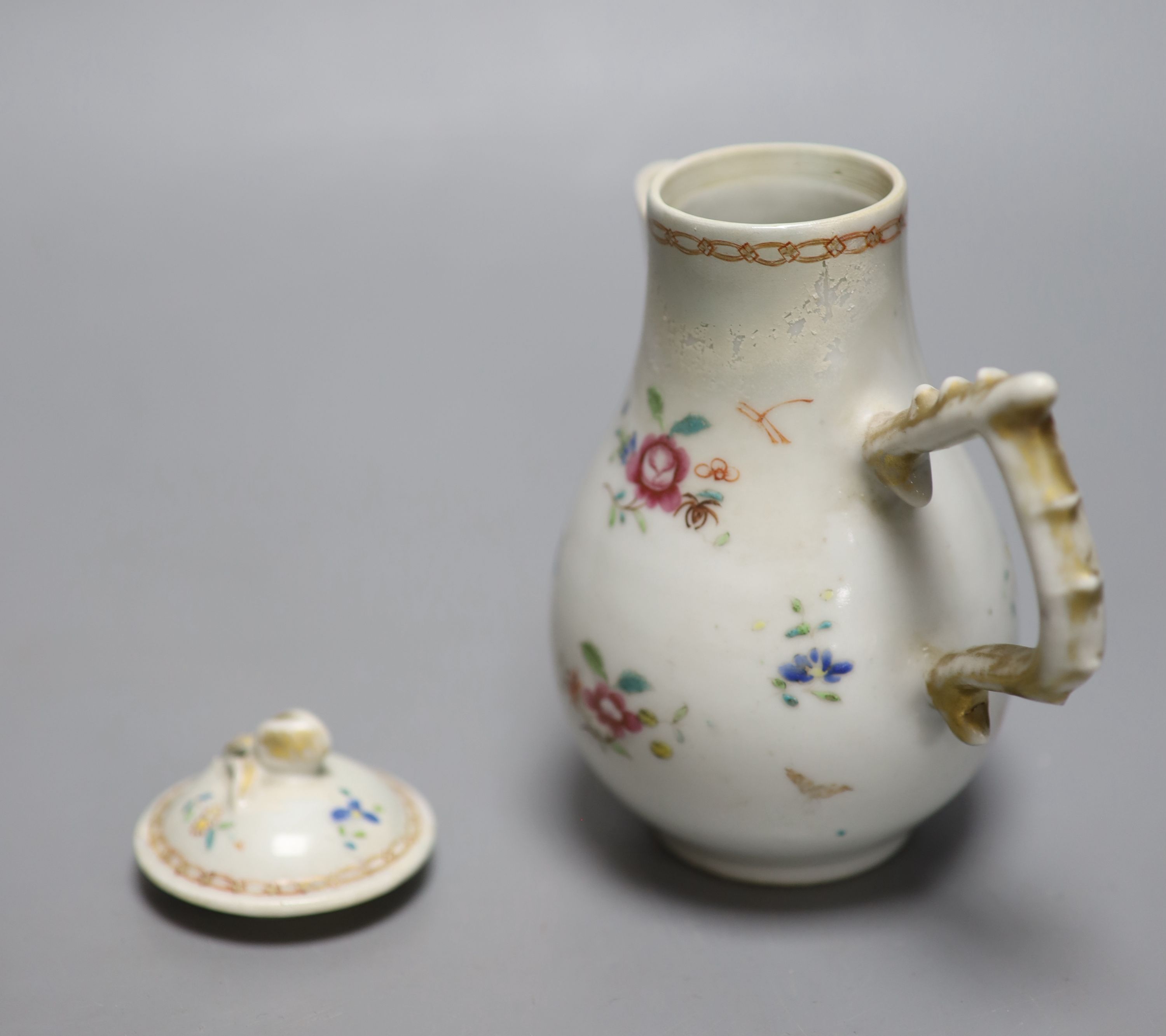 A Chinese famille rose porcelain sparrow beak jug, with cover (the latter a.f.) and a pair of small Chinese bottle vases (one chipped),